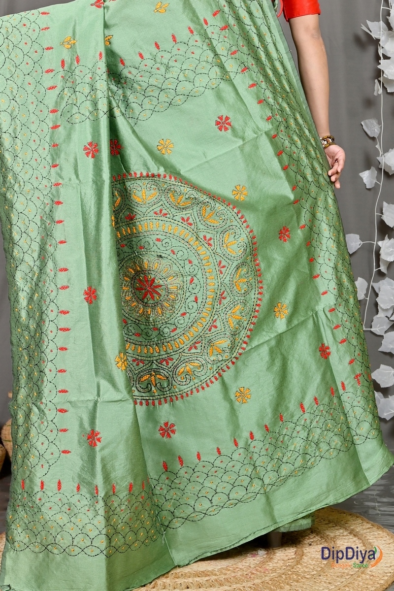Emerald Green Cotton Blended Soumika Kantha Stitch Saree (592)